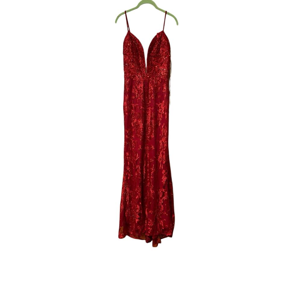 Mac Duggal Burgundy Beaded Spaghetti Strap Maxi Gown - Picture 10 of 12